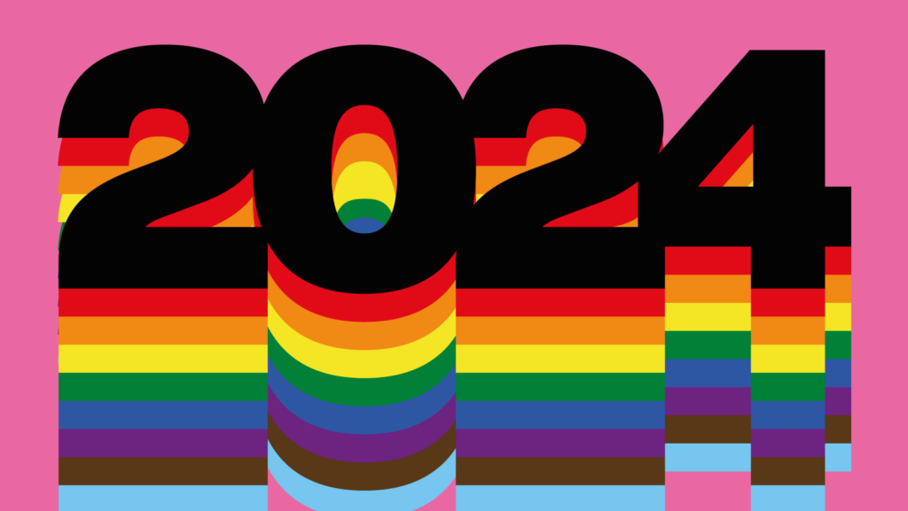 Graphic image with the date 2024 in black, and bands of different colours, the LGBT+ colours underneath